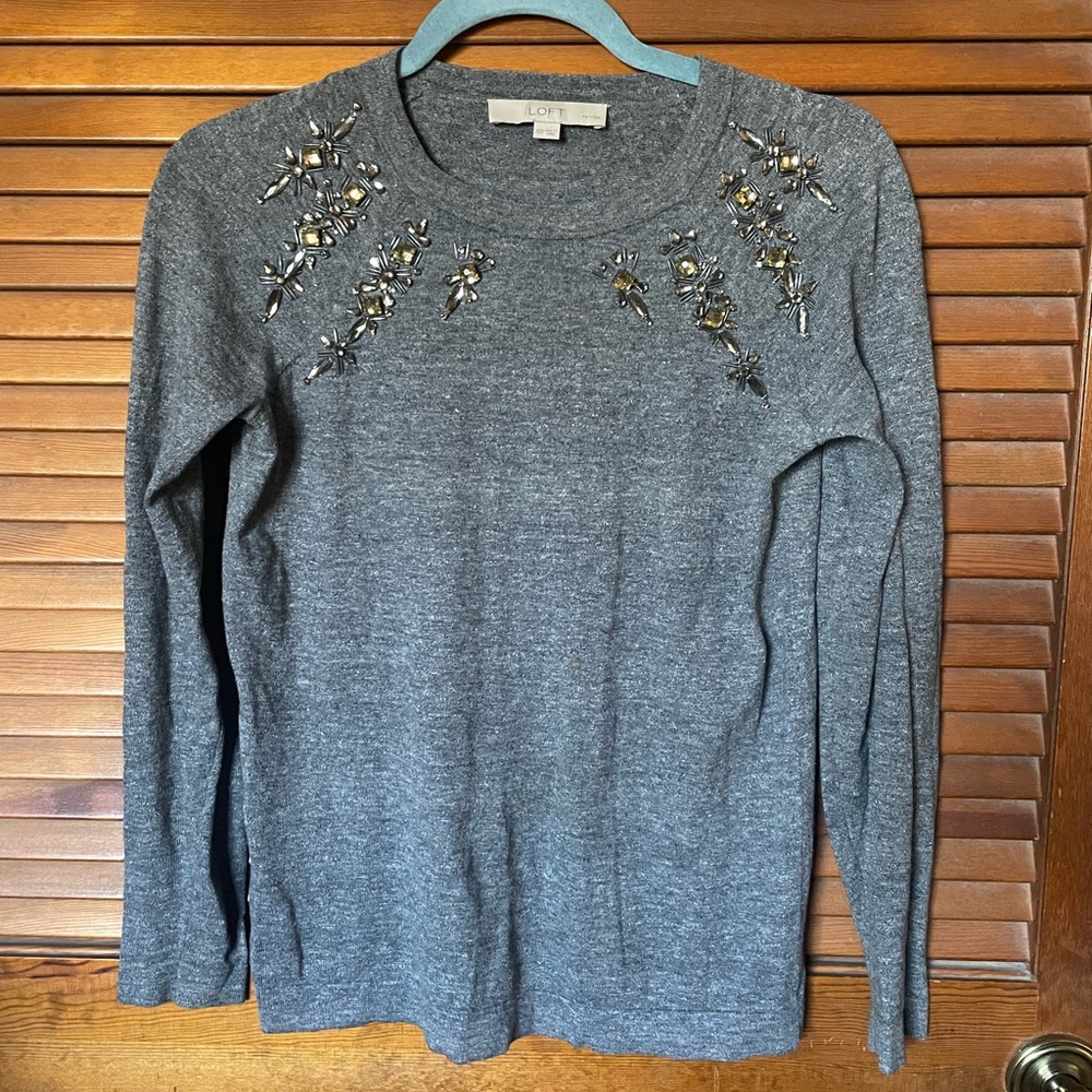 Ann Taylor Loft grey sweater with jewel embellished front XSP